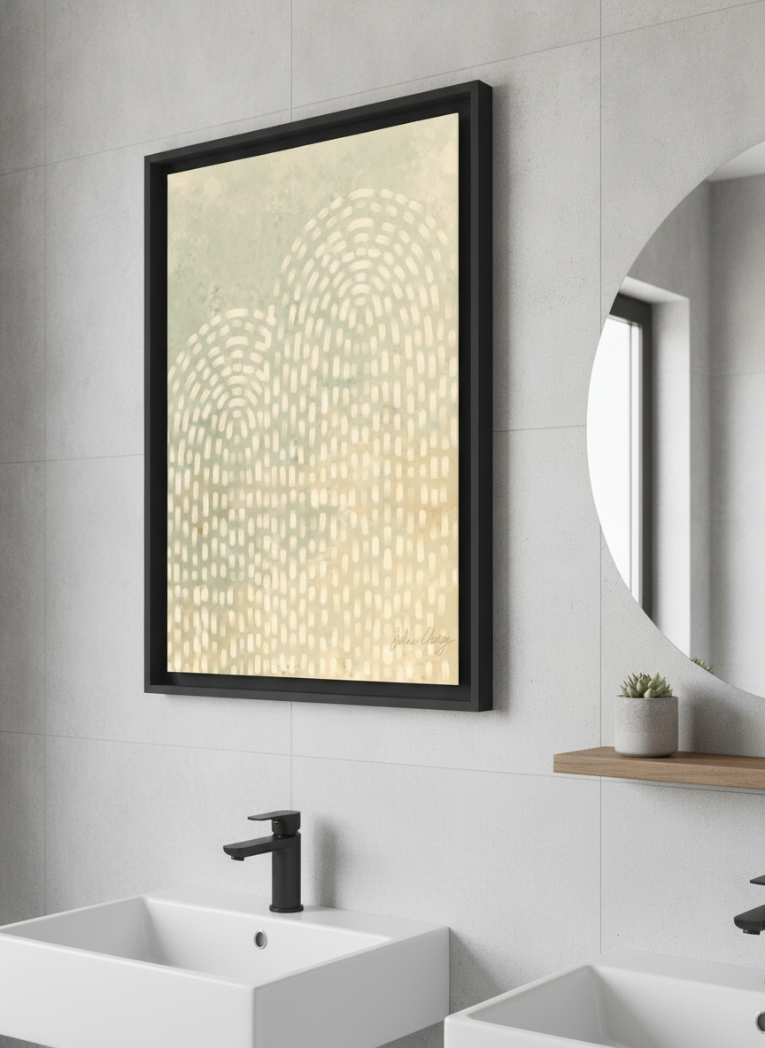 Modern print displayed in a clean minimalist bathroom setting