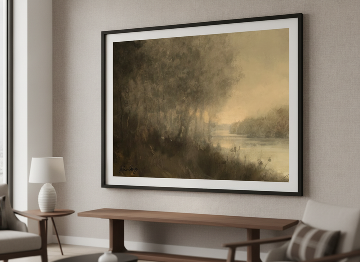 Minimalist artwork displayed in a calm, light-filled bedroom interior