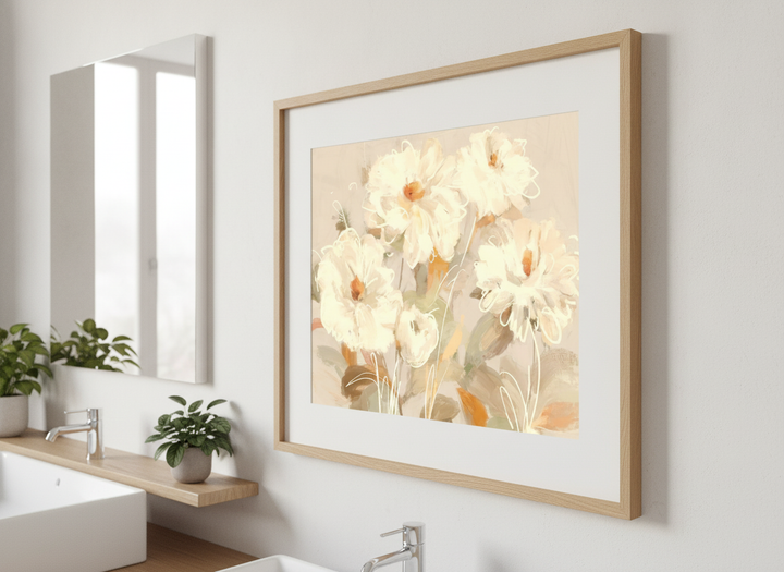 Modern print displayed in a clean minimalist bathroom setting