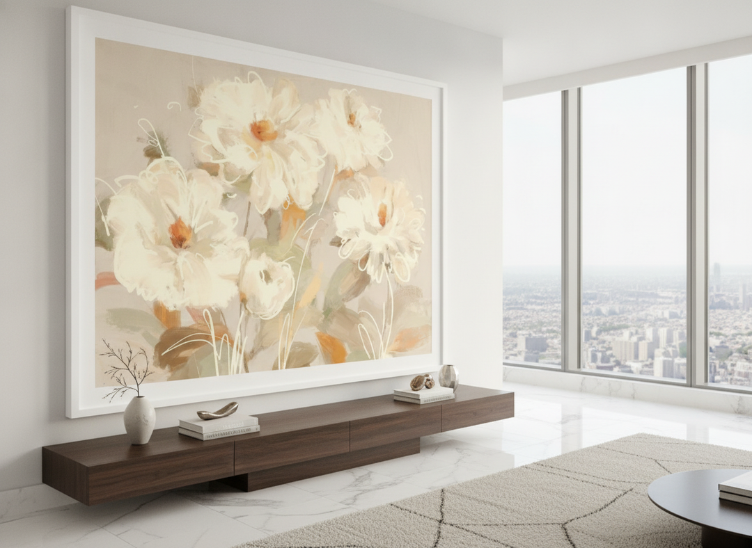 Monumental artwork centred on a feature wall in a luxe interior