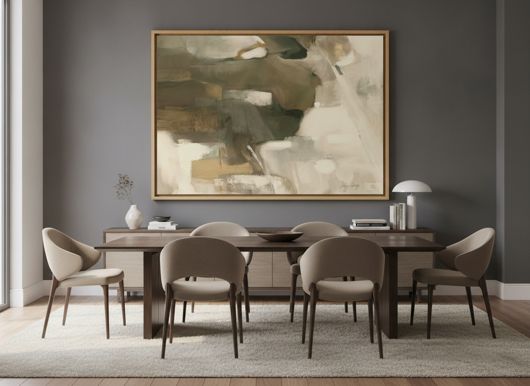 Monumental artwork centred on a feature wall in a luxe interior
