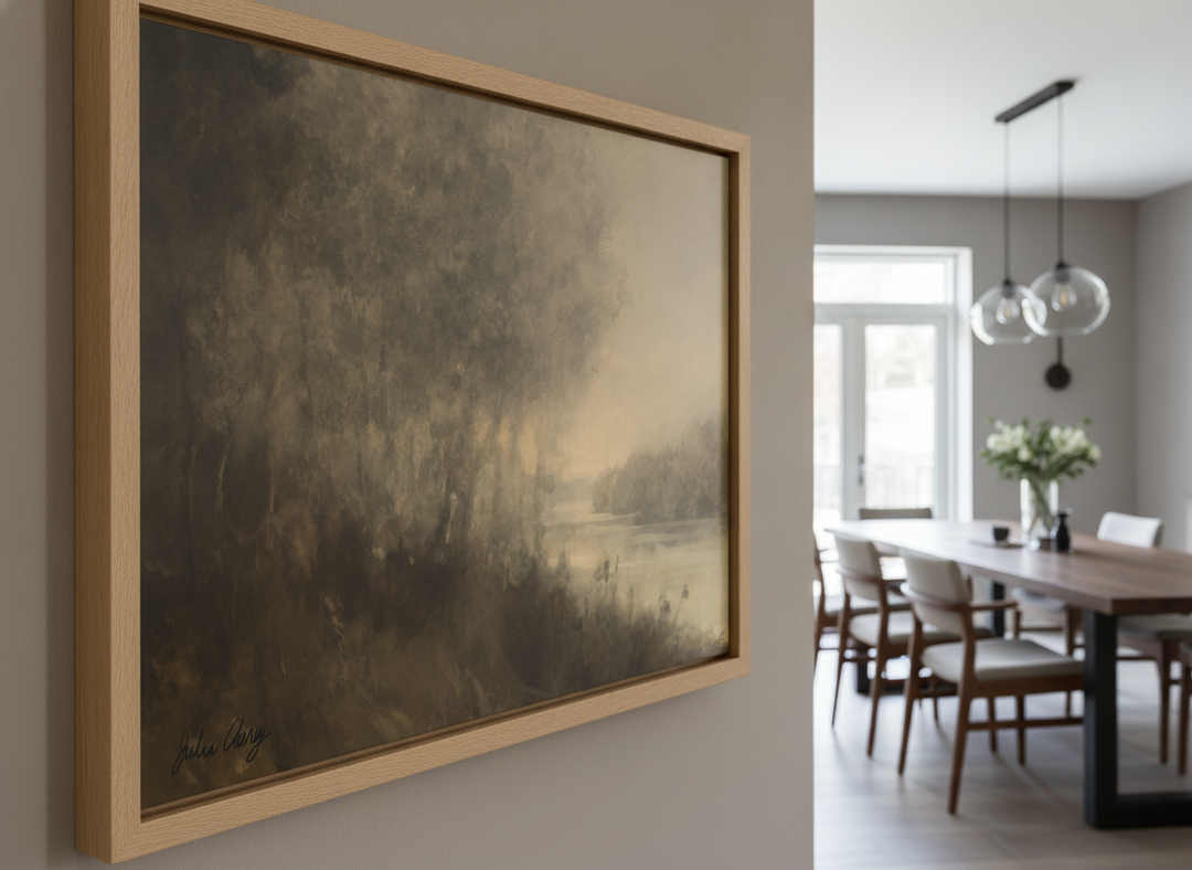 Wall art styled above a dining table in a contemporary home