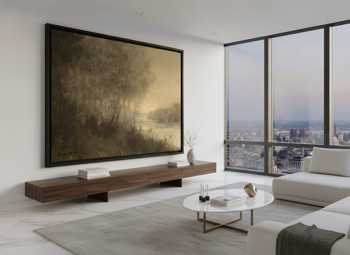Monumental artwork centred on a feature wall in a luxe interior