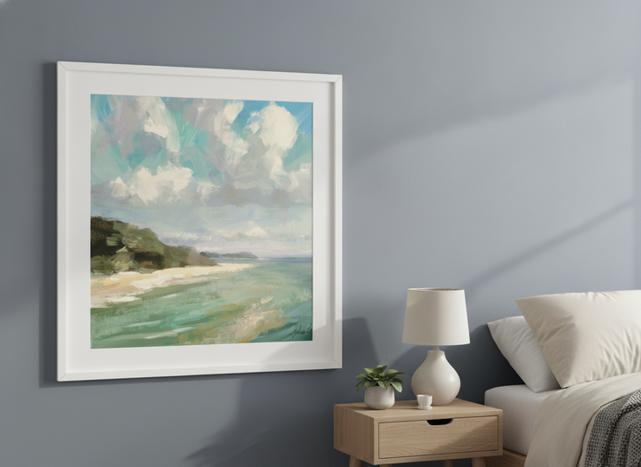 Minimalist artwork displayed in a calm, light-filled bedroom interior