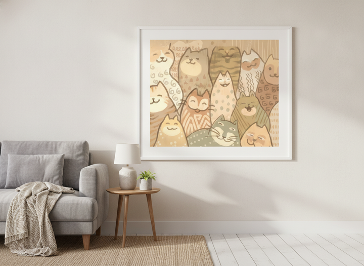 Modern wall art styled above a sofa in a neutral living room