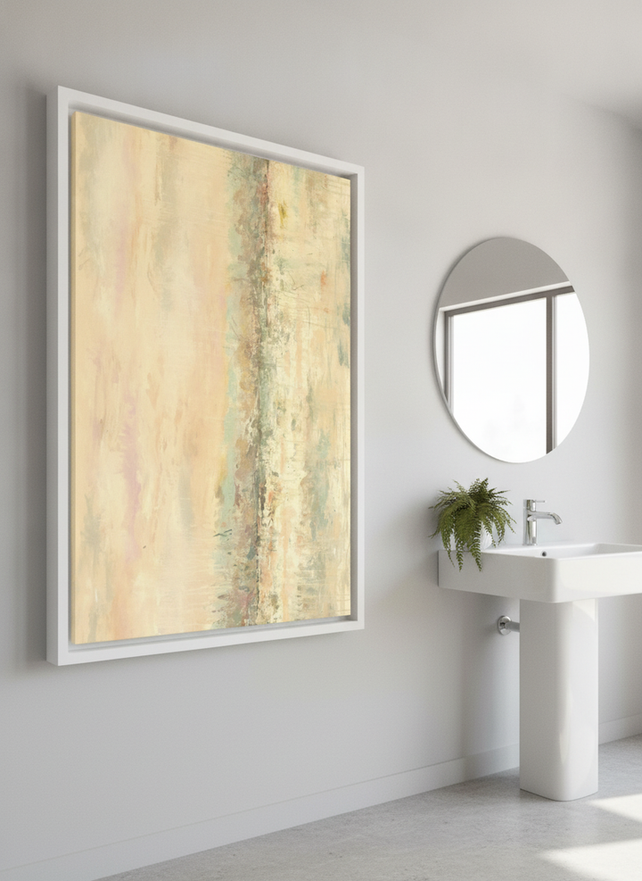 Modern print displayed in a clean minimalist bathroom setting