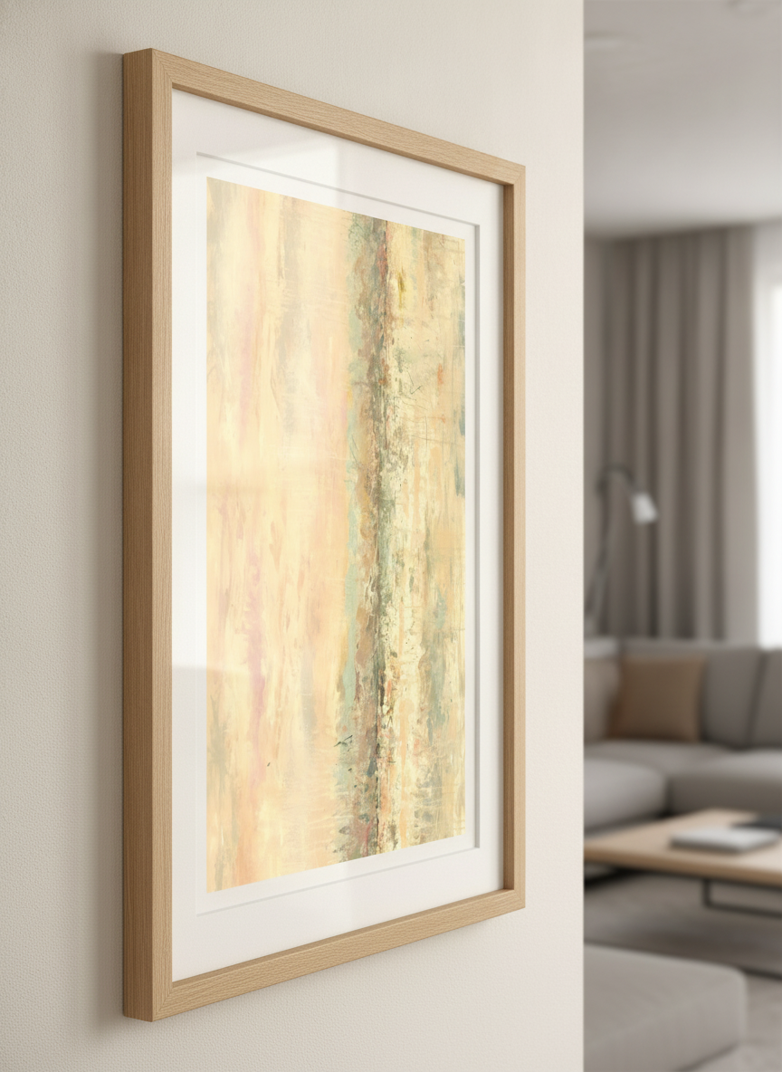 Modern wall art styled above a sofa in a neutral living room