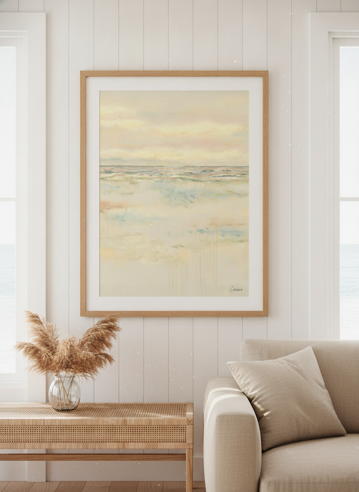 Neutral wall art displayed in a sunny coastal beach house