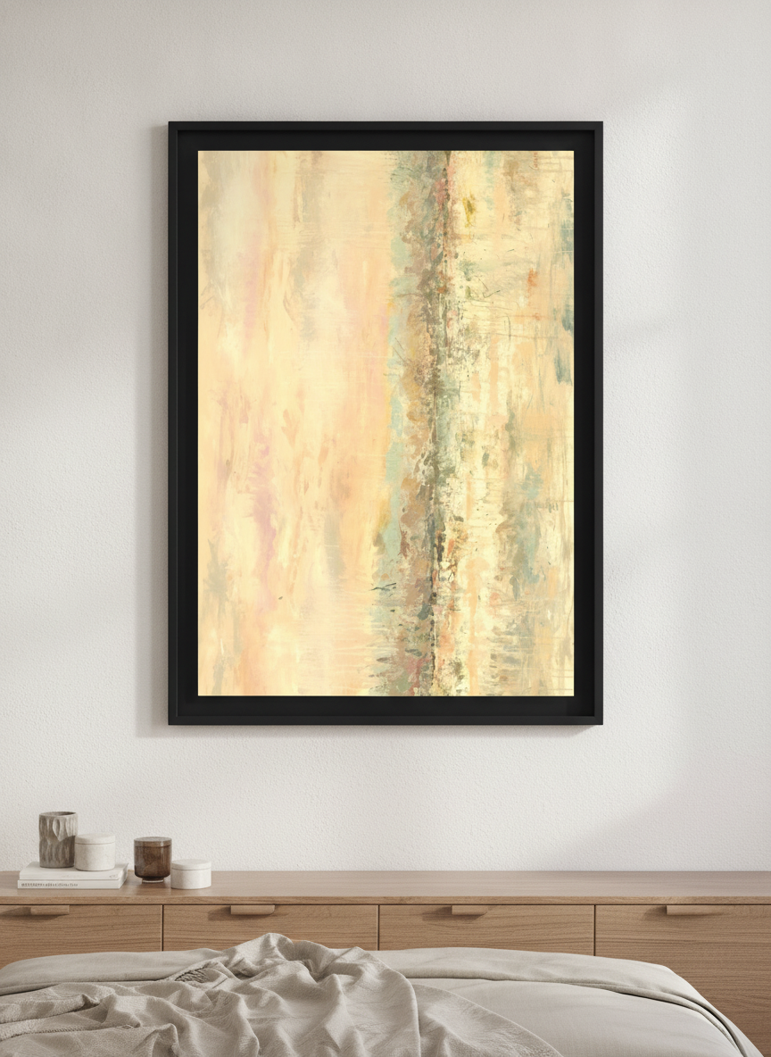 Minimalist artwork displayed in a calm, light-filled bedroom interior