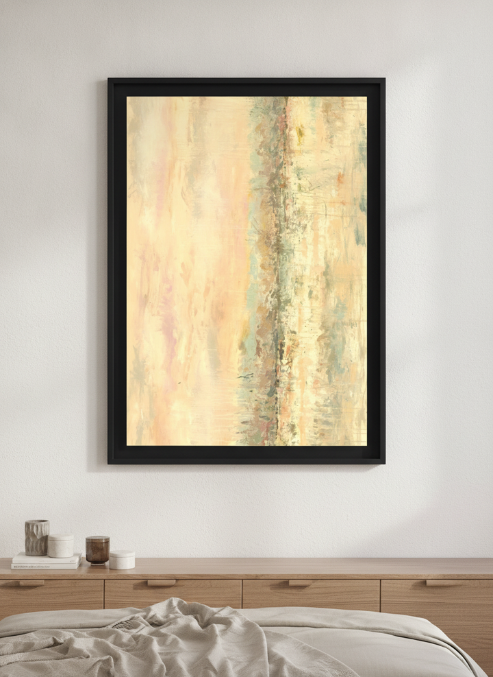 Minimalist artwork displayed in a calm, light-filled bedroom interior