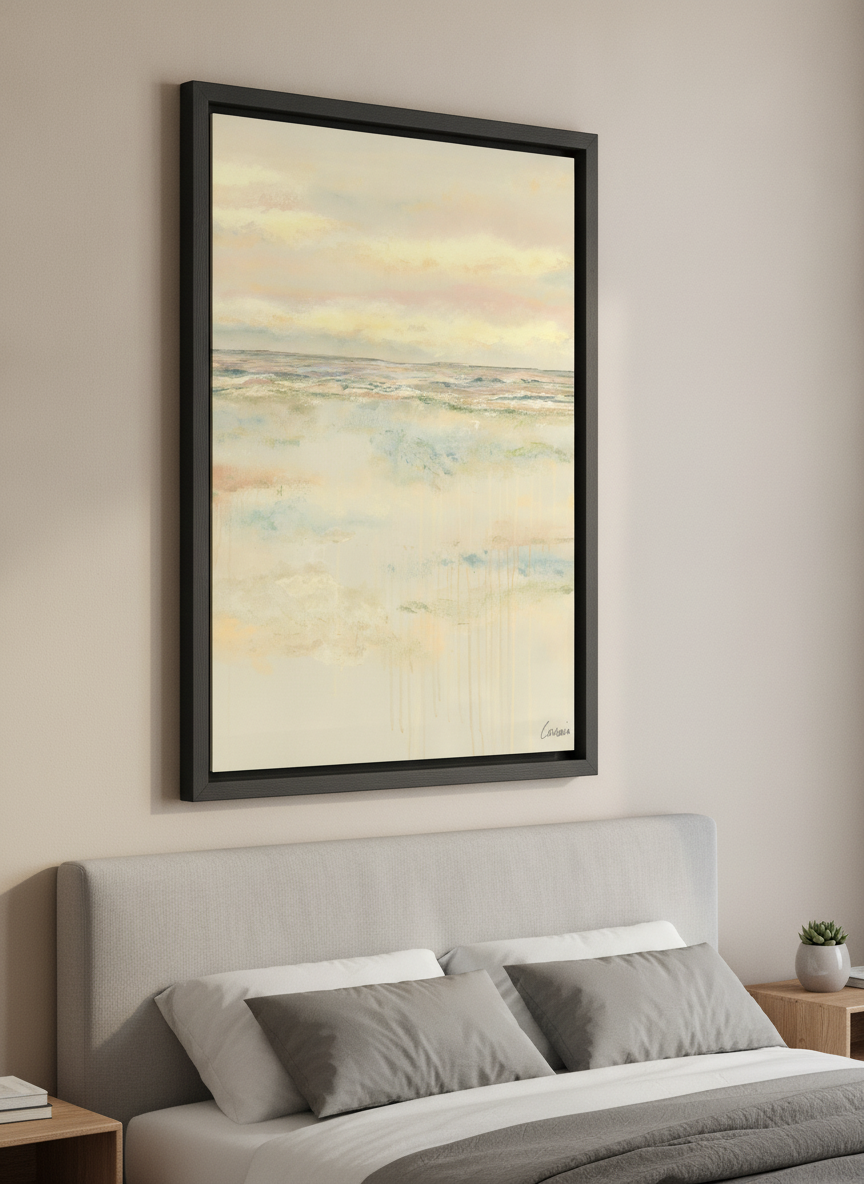 Minimalist artwork displayed in a calm, light-filled bedroom interior