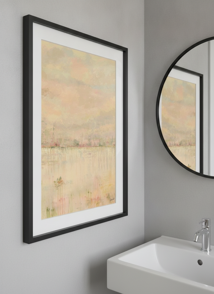 Modern print displayed in a clean minimalist bathroom setting