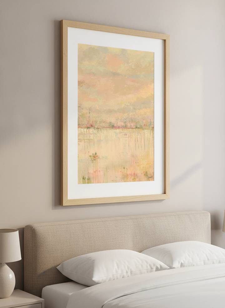 Minimalist artwork displayed in a calm, light-filled bedroom interior
