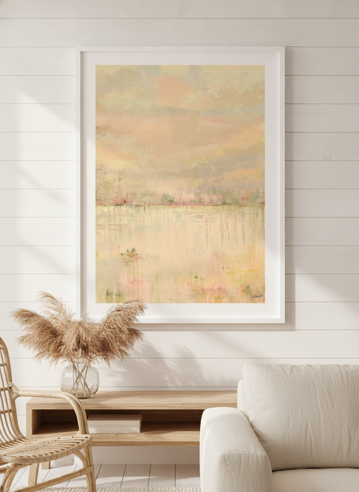 Neutral wall art displayed in a sunny coastal beach house