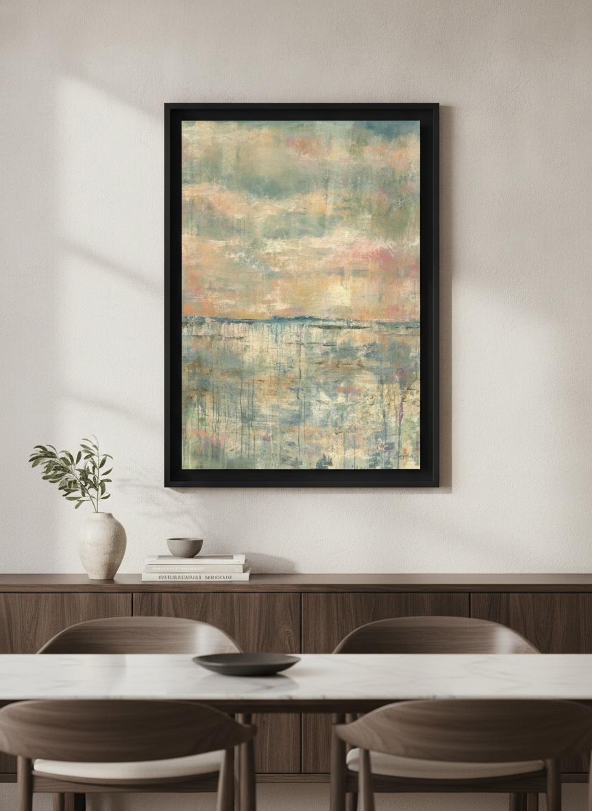 Wall art styled above a dining table in a contemporary home