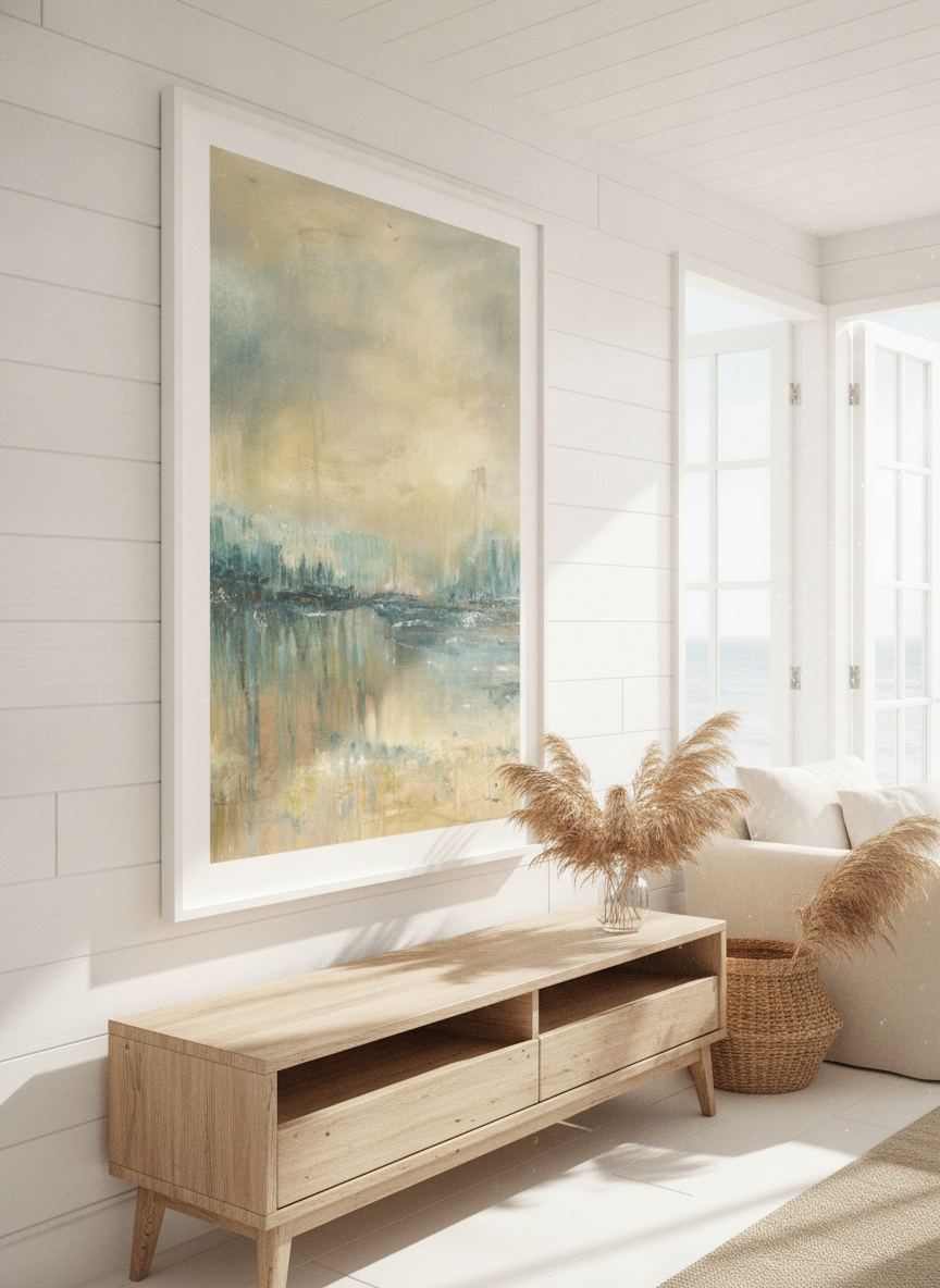 Neutral wall art displayed in a sunny coastal beach house