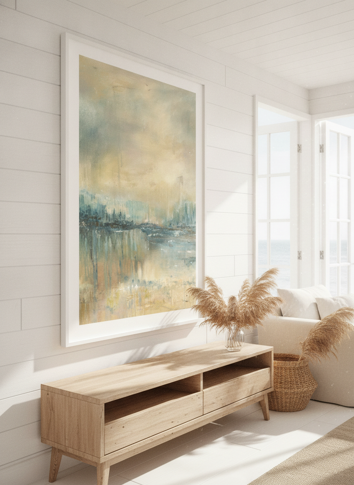 Neutral wall art displayed in a sunny coastal beach house