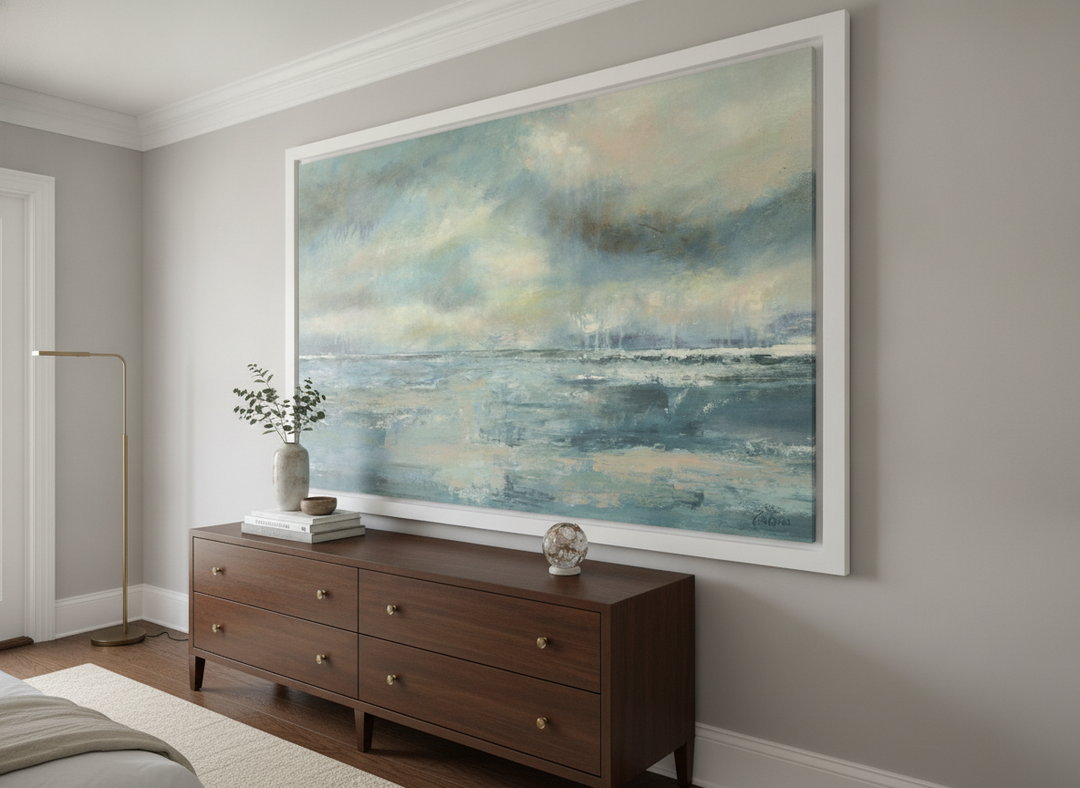 Monumental artwork centred on a feature wall in a luxe interior