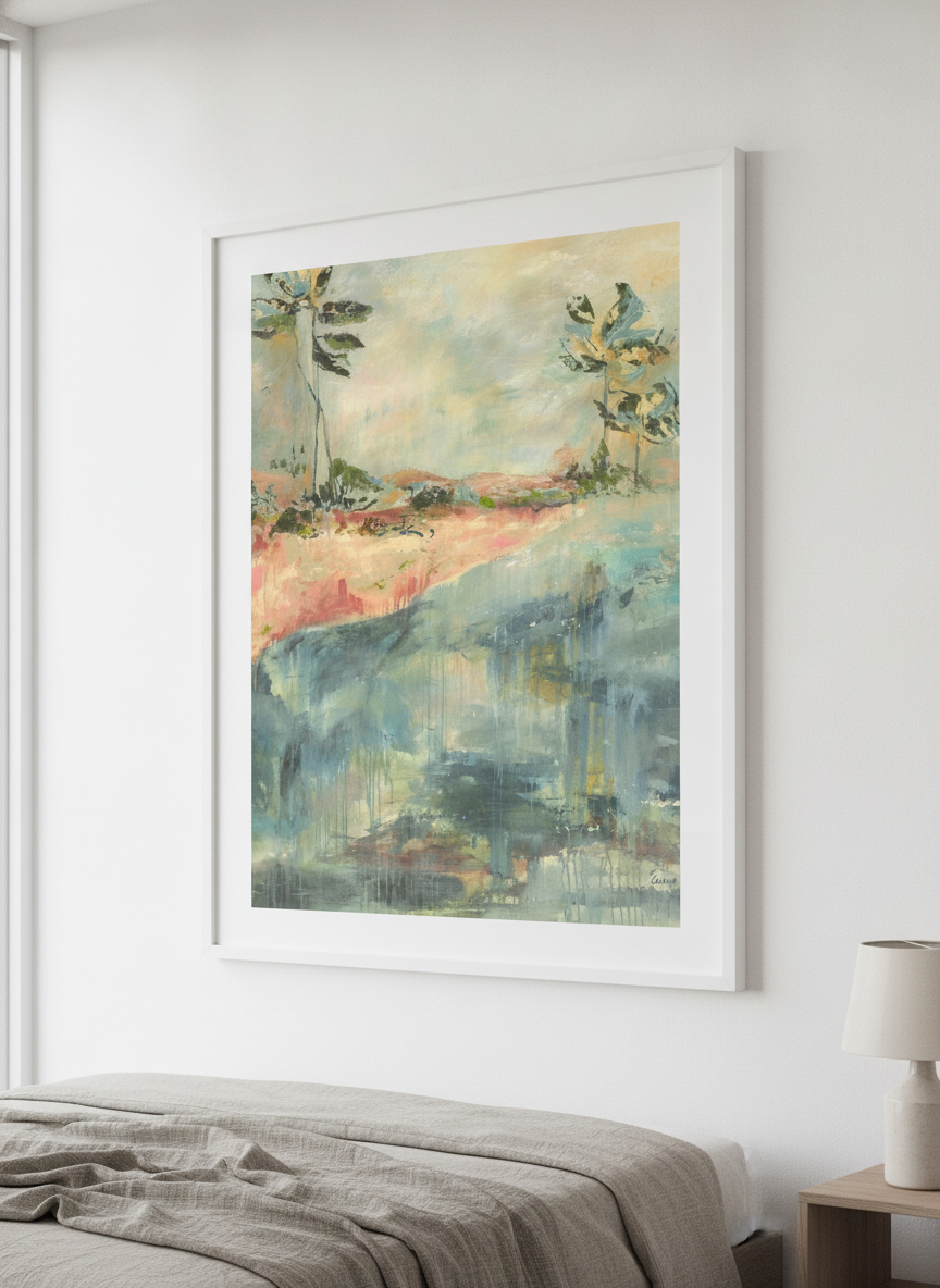 Minimalist artwork displayed in a calm, light-filled bedroom interior