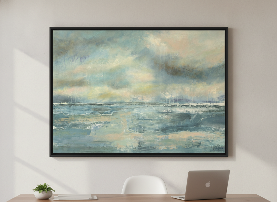 Contemporary wall art featured in a bright modern office workspace