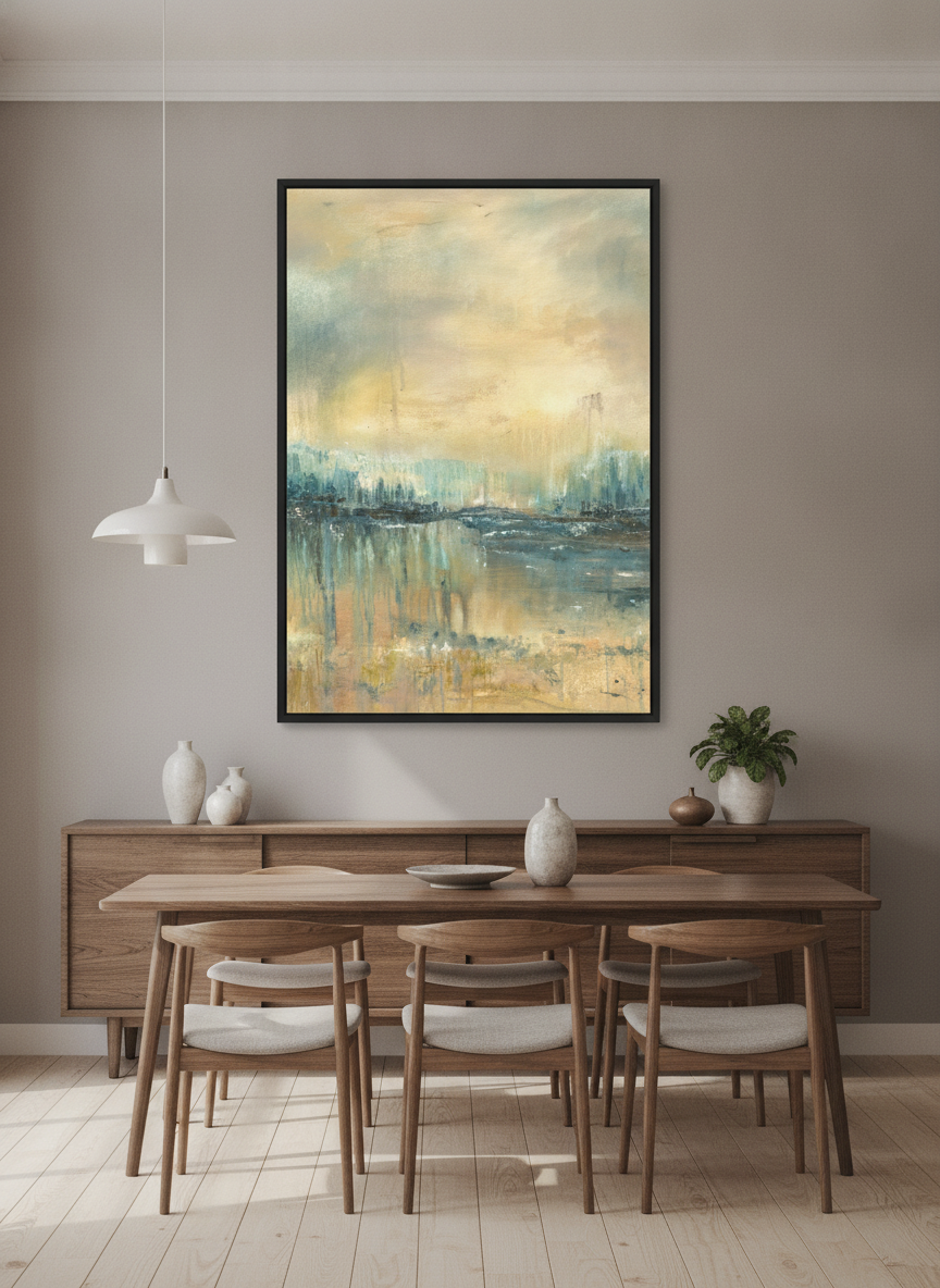 Wall art styled above a dining table in a contemporary home