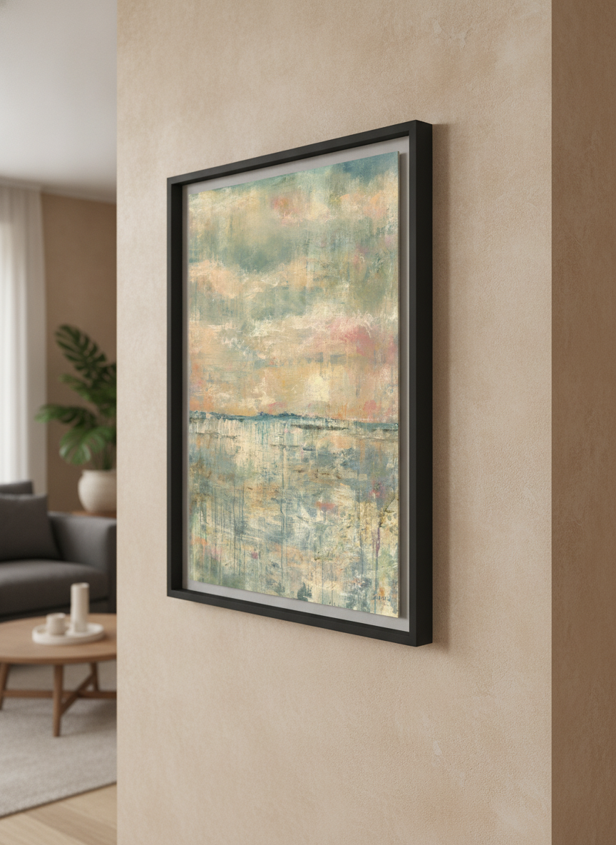 Modern wall art styled above a sofa in a neutral living room