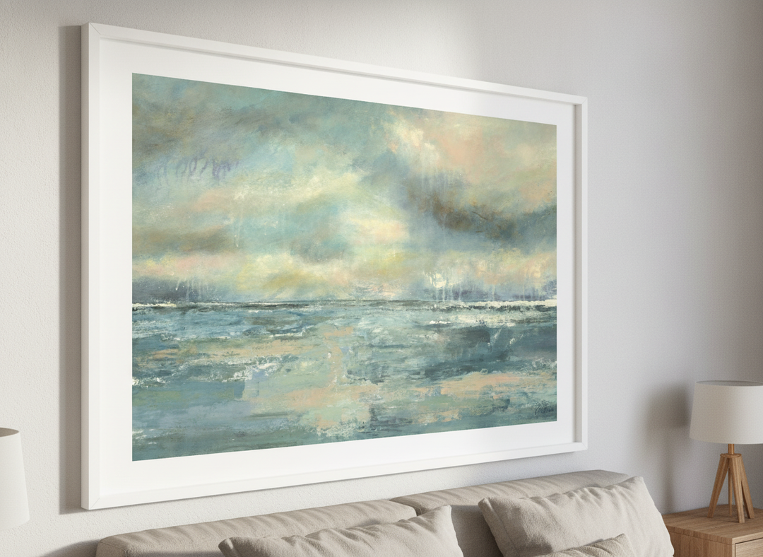 Minimalist artwork displayed in a calm, light-filled bedroom interior