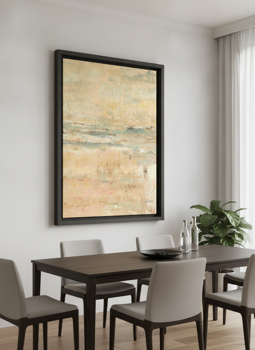 Wall art styled above a dining table in a contemporary home