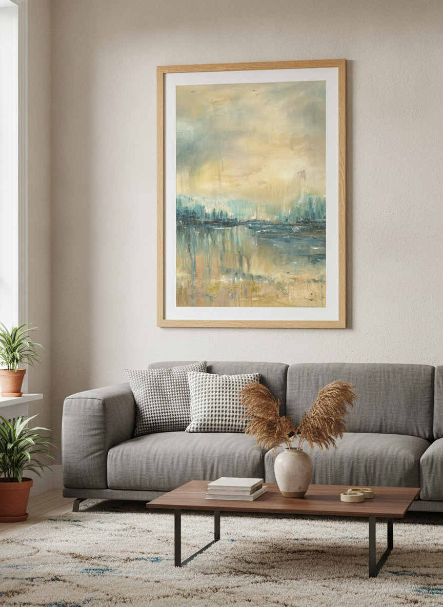 Modern wall art styled above a sofa in a neutral living room
