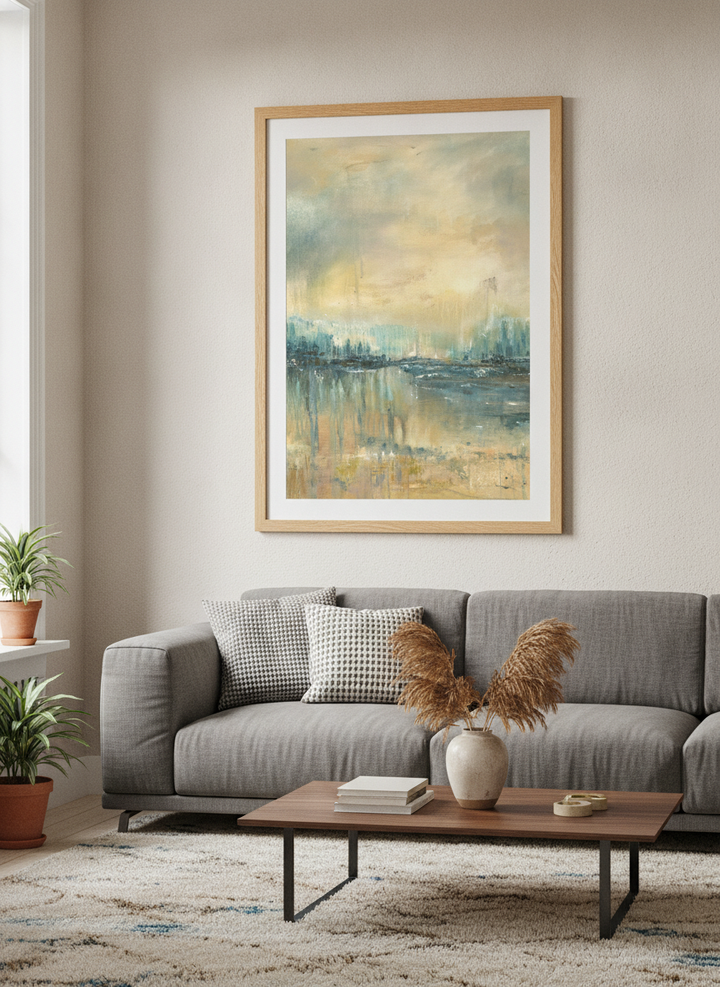 Modern wall art styled above a sofa in a neutral living room