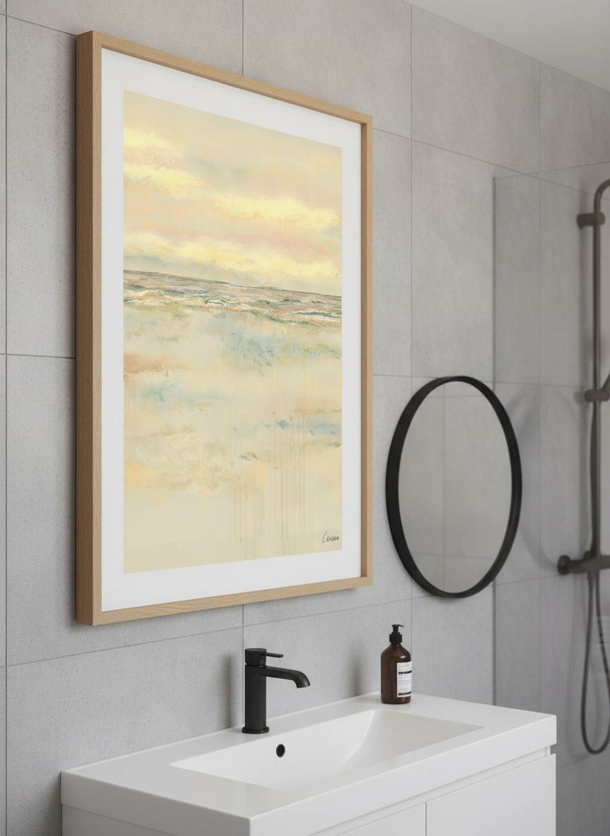 Modern print displayed in a clean minimalist bathroom setting