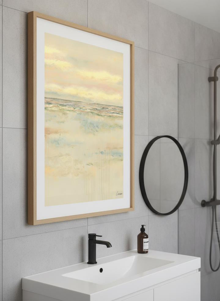 Modern print displayed in a clean minimalist bathroom setting