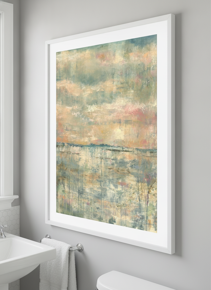 Modern print displayed in a clean minimalist bathroom setting