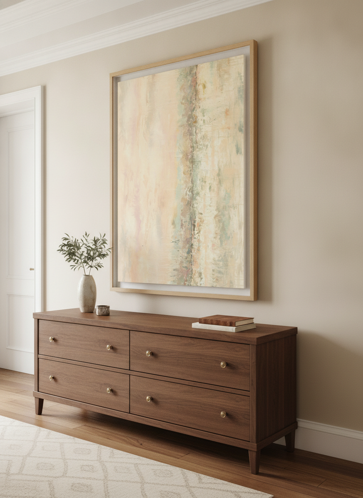 Monumental artwork centred on a feature wall in a luxe interior