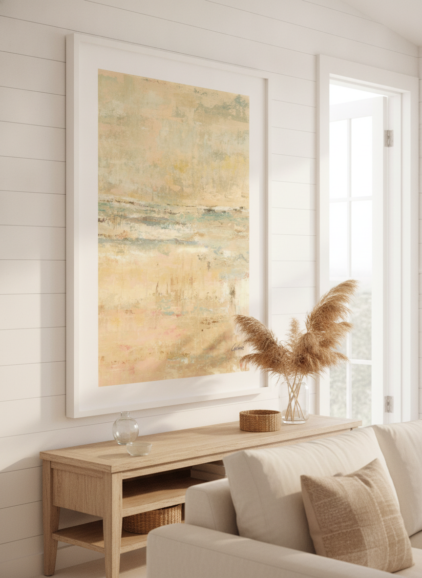 Neutral wall art displayed in a sunny coastal beach house