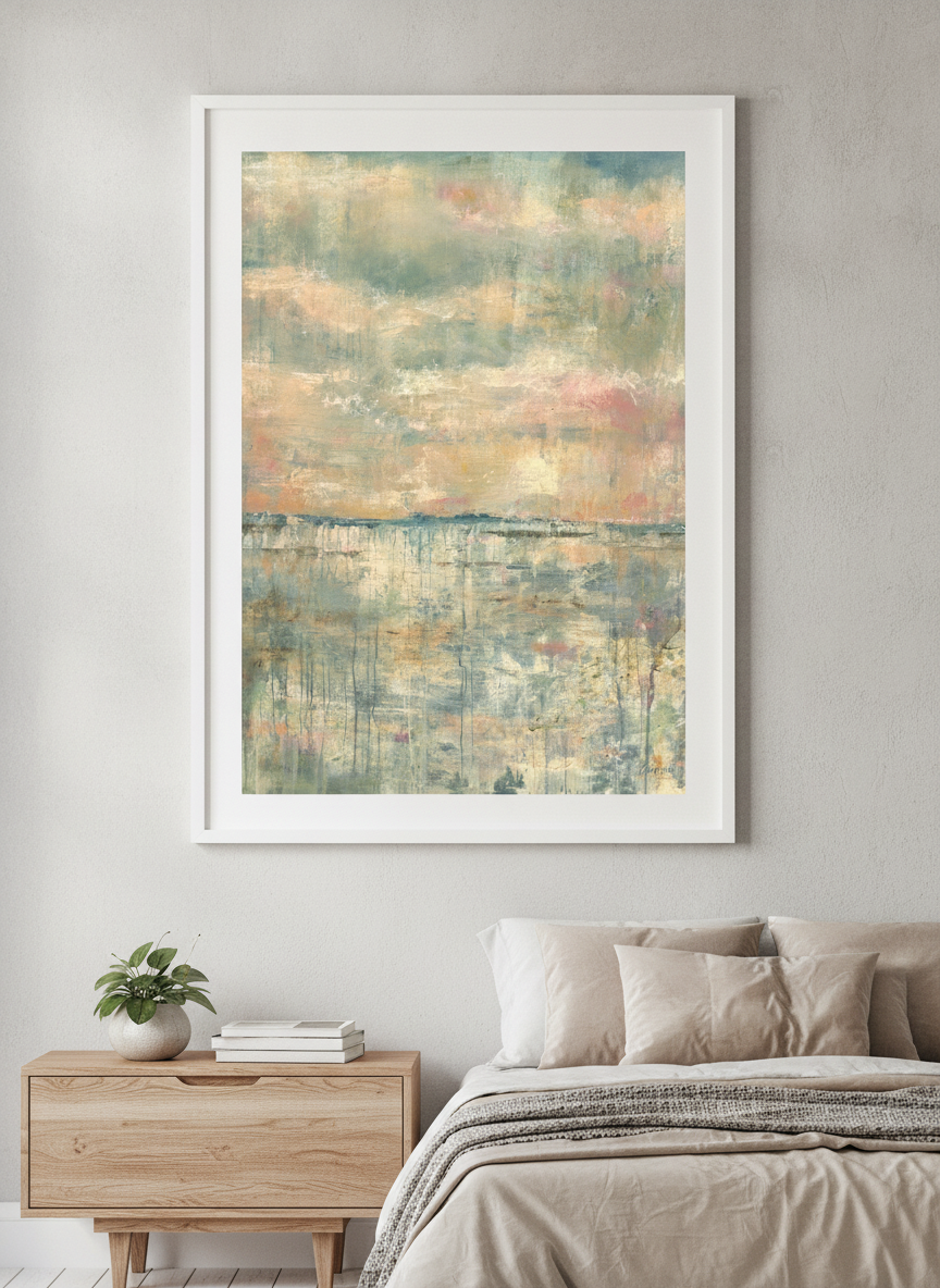 Minimalist artwork displayed in a calm, light-filled bedroom interior