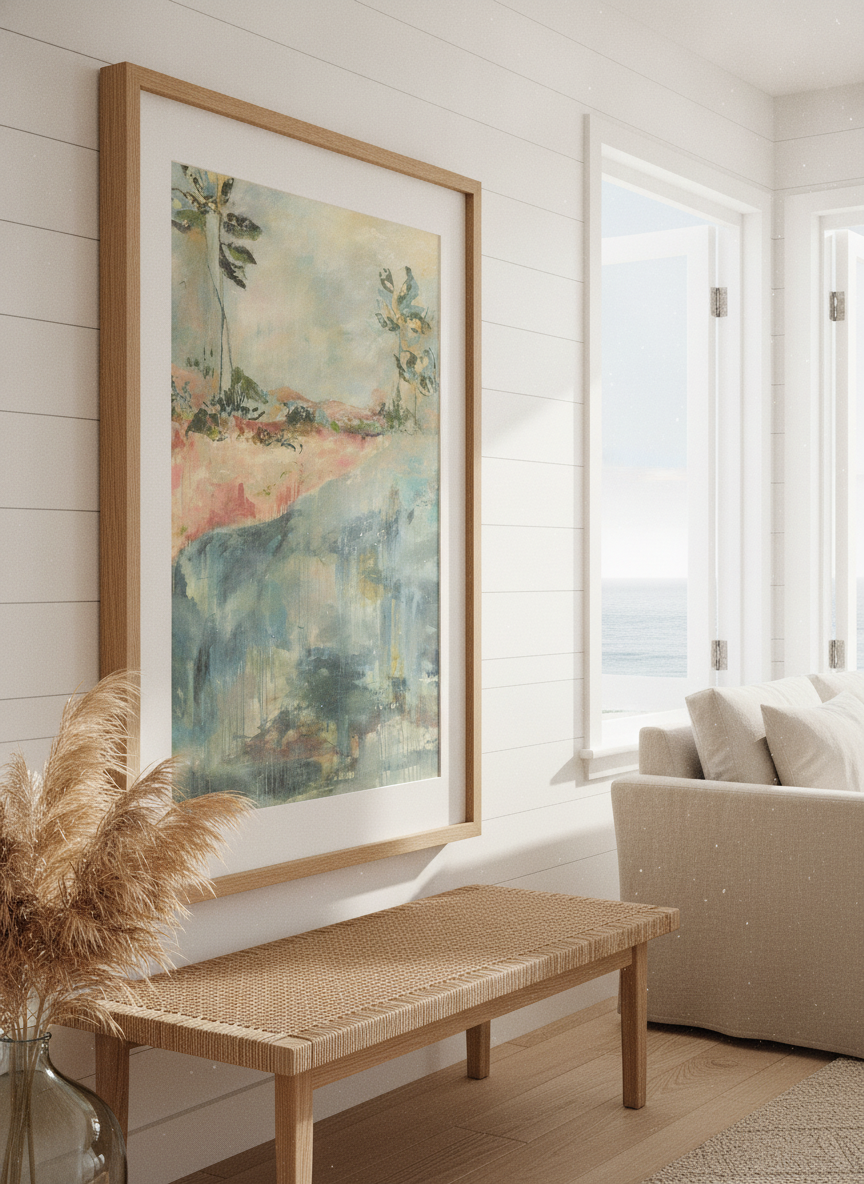 Neutral wall art displayed in a sunny coastal beach house