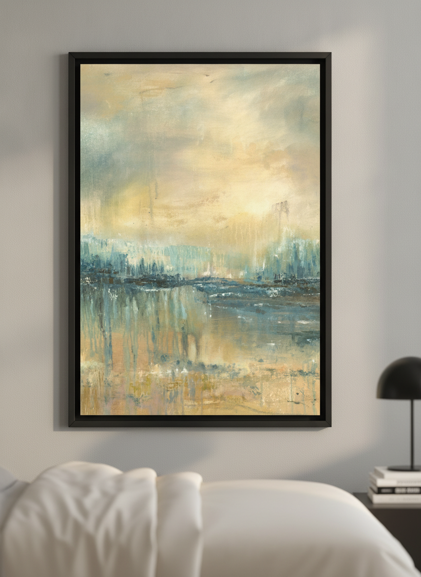 Minimalist artwork displayed in a calm, light-filled bedroom interior