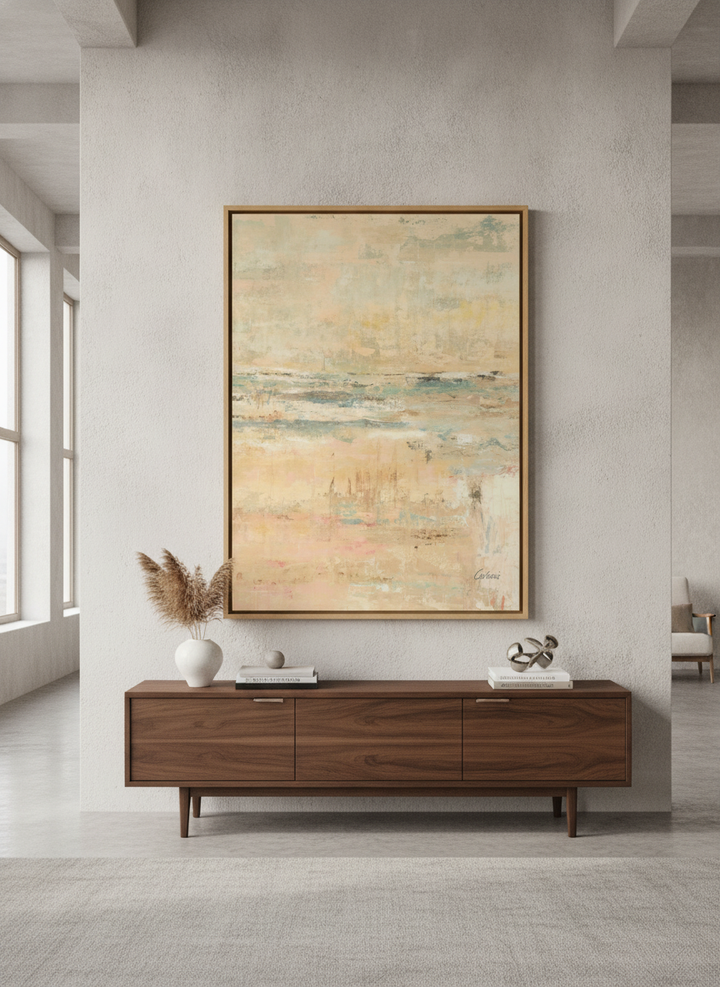 Monumental artwork centred on a feature wall in a luxe interior