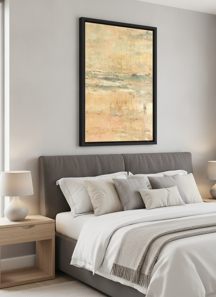 Minimalist artwork displayed in a calm, light-filled bedroom interior