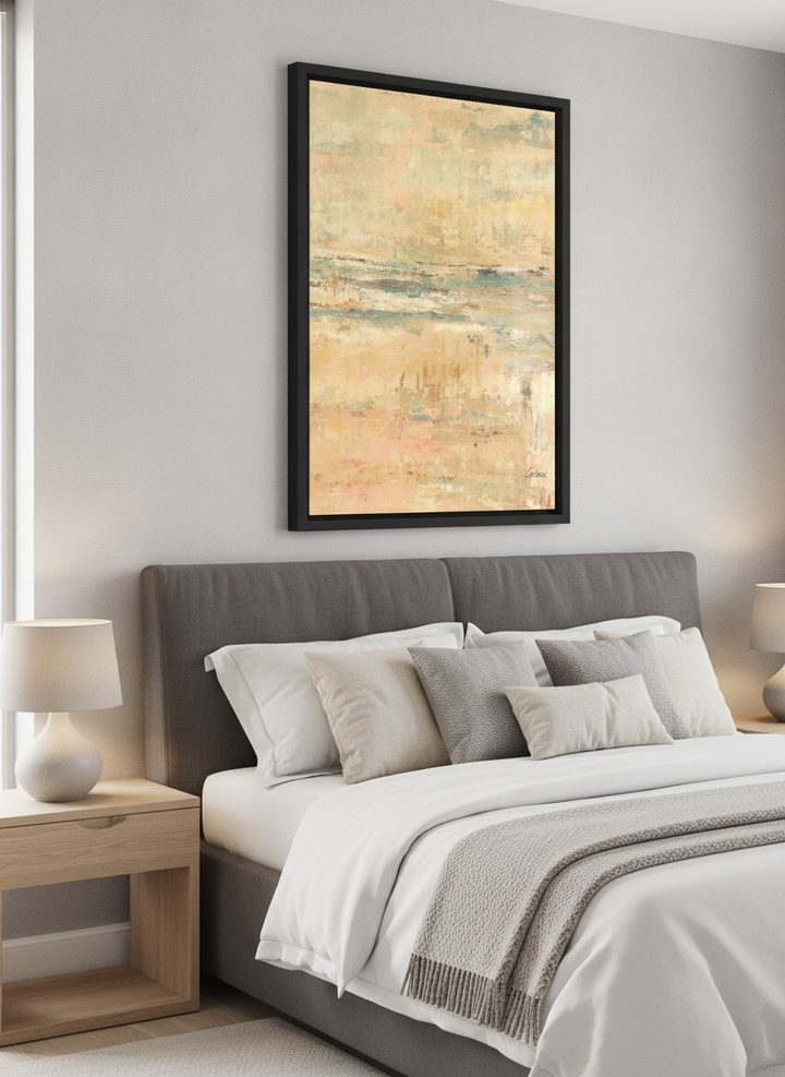 Minimalist artwork displayed in a calm, light-filled bedroom interior