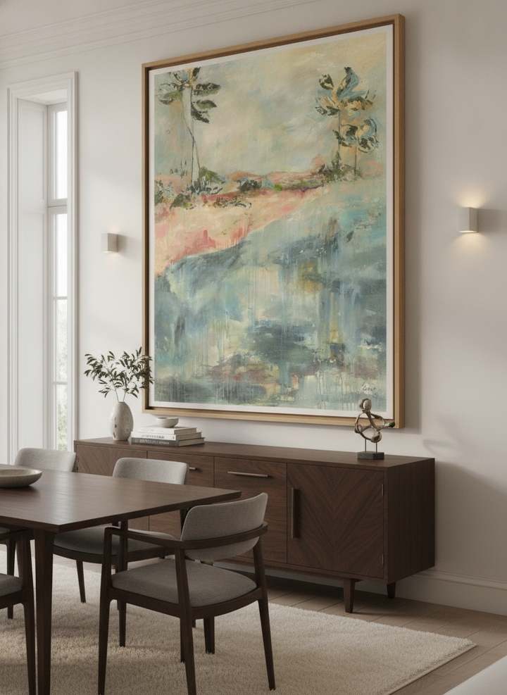 Monumental artwork centred on a feature wall in a luxe interior