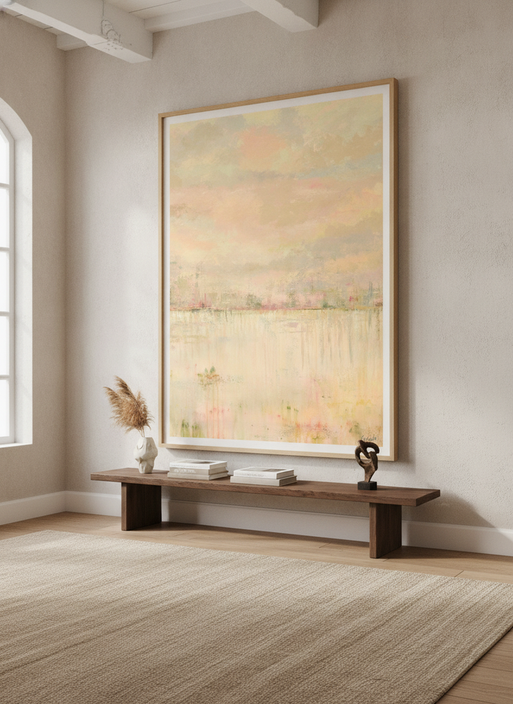 Monumental artwork centred on a feature wall in a luxe interior
