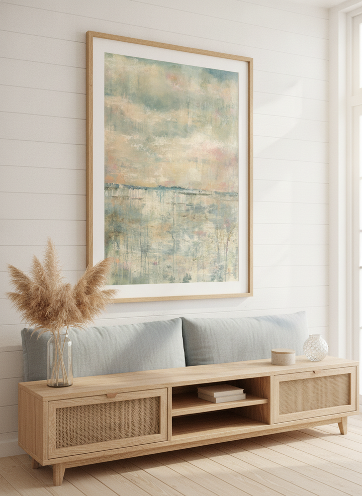 Neutral wall art displayed in a sunny coastal beach house