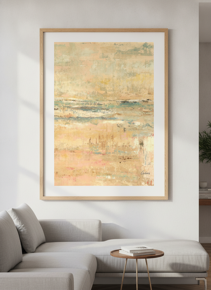 Modern wall art styled above a sofa in a neutral living room