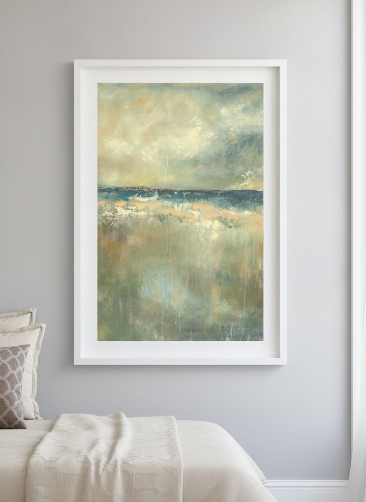 Minimalist artwork displayed in a calm, light-filled bedroom interior