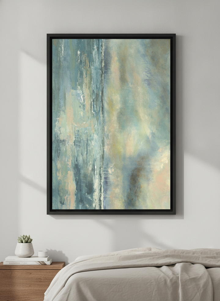 Minimalist artwork displayed in a calm, light-filled bedroom interior
