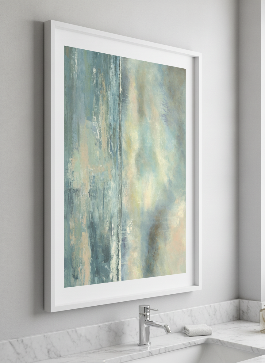 Modern print displayed in a clean minimalist bathroom setting