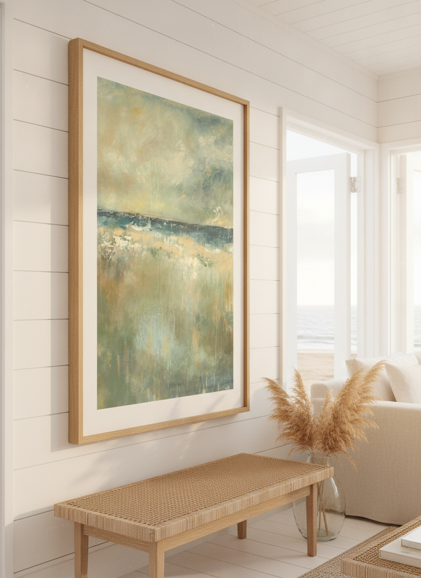 Neutral wall art displayed in a sunny coastal beach house