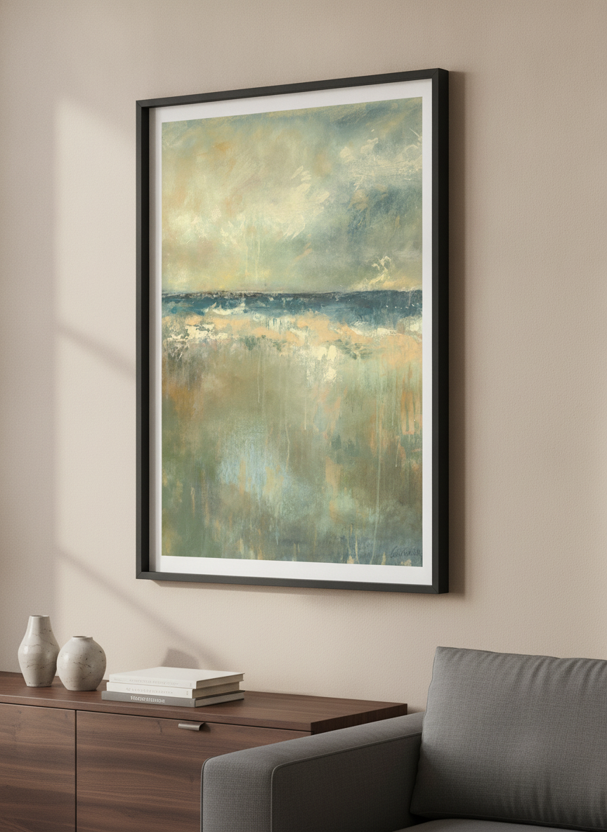 Modern wall art styled above a sofa in a neutral living room